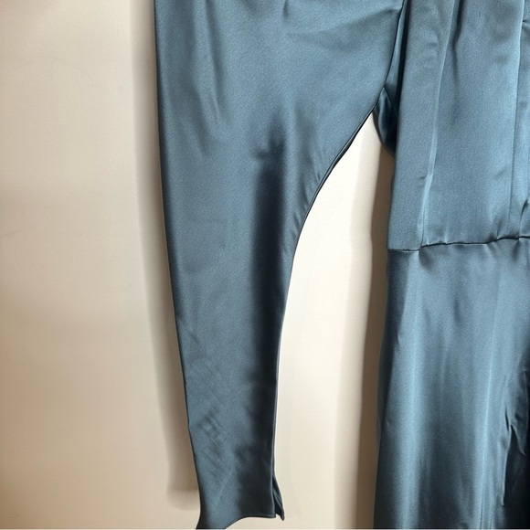 AMSALE Size 12 Women's Petrol Satin Cold Shoulder Evening Dress - Picture 3 of 11
